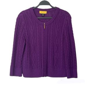 St. John Zip Front Cable Knit Purple Wool Blend Cardigan Size Small